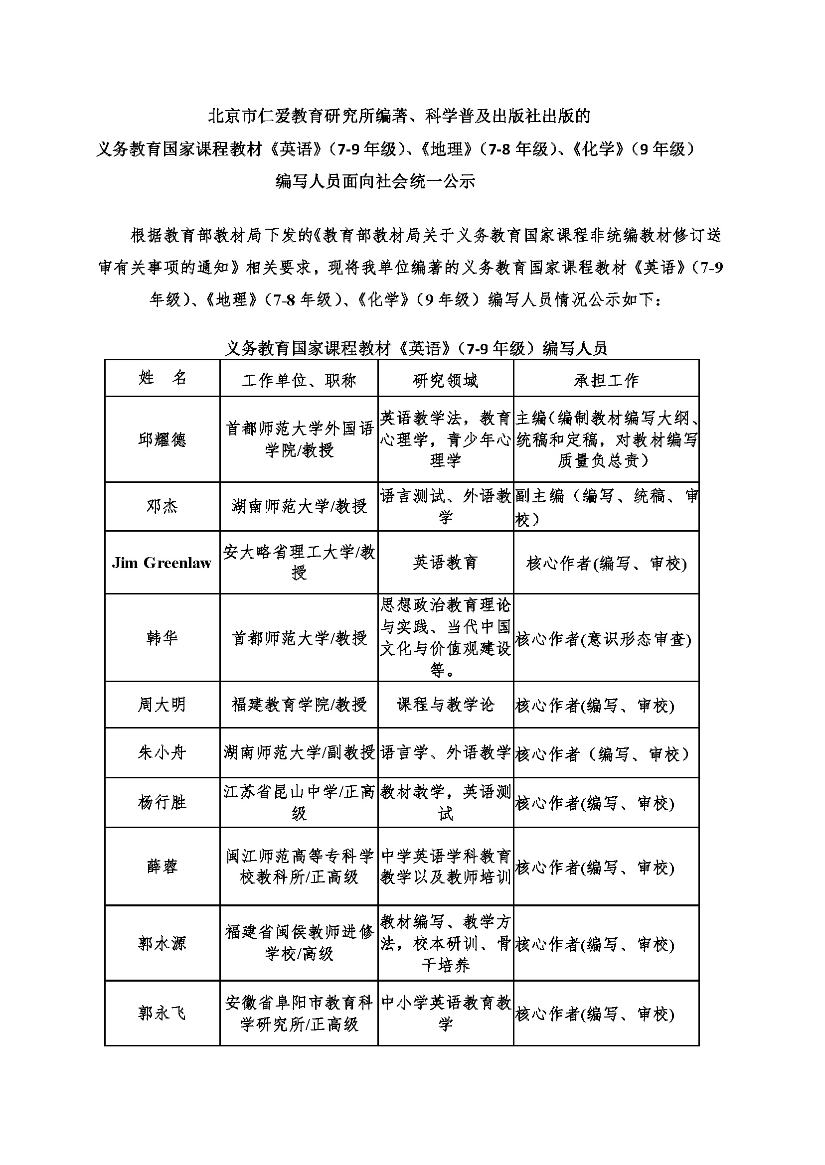 北京市仁爱教育研究所编著、科学普及出版社出版的 义务教育国家课程教材《英语》（7-9年级）、《地理》（7-8年级）、《化学》（9年级） 	    编写人员面向社会统一公示(图1)
